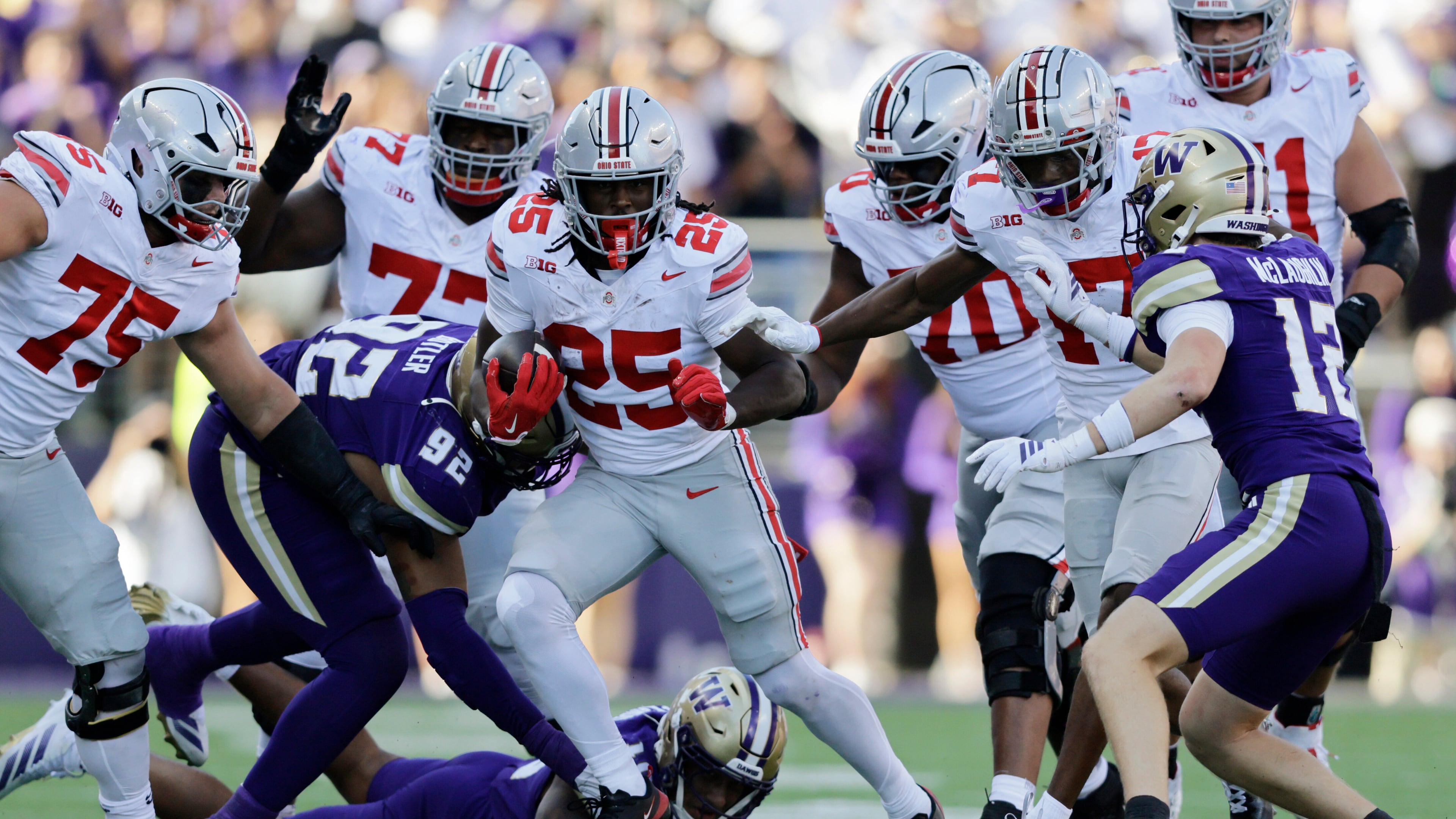 Ohio State running back Bo Jackson (25) carries the ball against the Washington during the second half of an NCAA college football game, Saturday, Sept. 27, 2025, in Seattle. (AP Photo/John Froschauer)