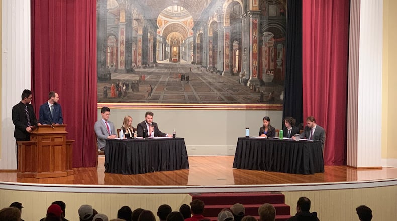 The UGA College Republicans face the Young Democrats of UGA in a debate about various issues including reproductive justice and inflation. (NIMRA AHMAD / NIMRA.AHMAD@AJC.COM)