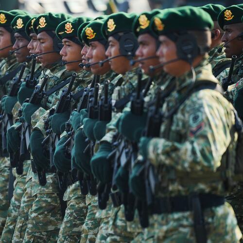 FILE - Indonesian soldiers march during a ceremony commemorating the 80th anniversary of the Indonesian Armed Forces in Jakarta, Indonesia, Sunday, Oct. 5, 2025. (AP Photo/Tatan Syuflana, File)