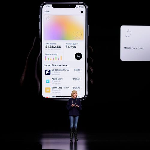 FILE - In this March 25, 2019, file photo, Jennifer Bailey, vice president of Apple Pay, speaks about the Apple Card at the Steve Jobs Theater in Cupertino, Calif. (AP Photo/Tony Avelar, File)