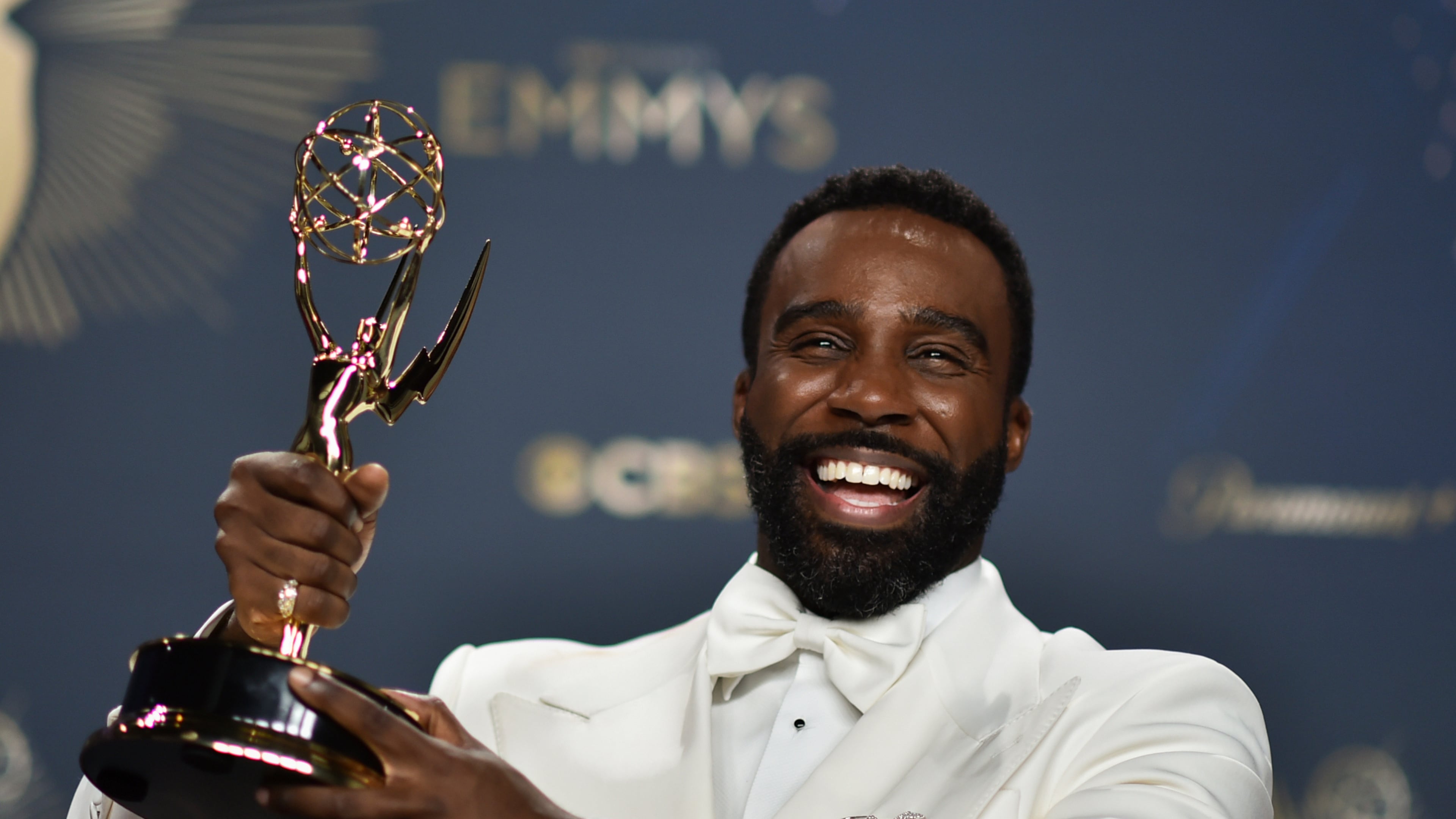 Tramell Tillman, winner of the award for outstanding supporting actor in a drama series for "Severance," poses in the press room during the 77th Primetime Emmy Awards on Sunday, Sept. 14, 2025, at the Peacock Theater in Los Angeles. (Photo by Richard Shotwell/Invision/AP)