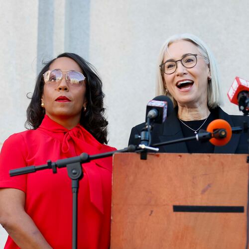 Democratic Commissioners Dana Barrett (right) and Mo Ivory speak during a press conference outside the Fulton County Superior Court on Wednesday, August 27, 2025. The election board's Democratic majority is in an ongoing legal dispute with the Fulton Republican Party over nominations. (Miguel Martinez/AJC)