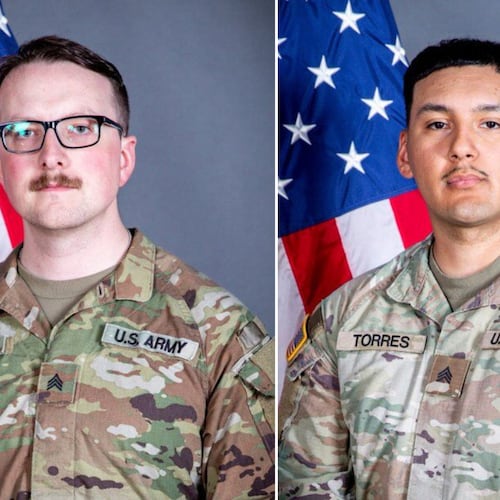 This undated combo photo created with images released by the Iowa National Guard shows Sgts. William Nathaniel Howard, left, and Edgar Brian Torres-Tovar. (Iowa National Guard via AP)