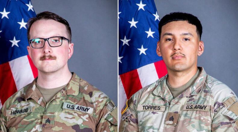 This undated combo photo created with images released by the Iowa National Guard shows Sgts. William Nathaniel Howard, left, and Edgar Brian Torres-Tovar. (Iowa National Guard via AP)