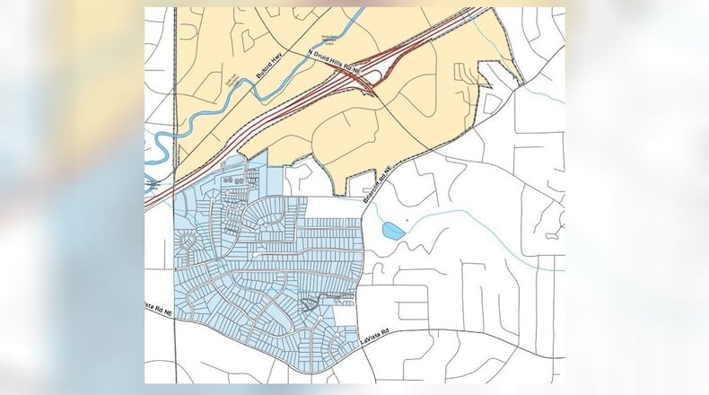 In this map, the area shaded blue is the neighborhood becoming part of the city of Brookhaven, shaded in yellow.
