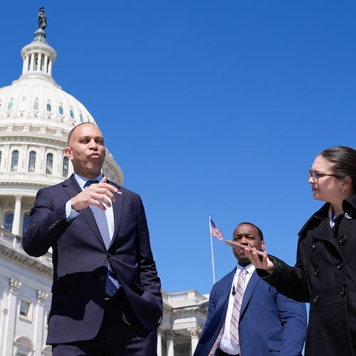 House Minority Leader Hakeem Jeffries, D-N.Y., speaks with reporters outside of the US Capitol, Wednesday, March 18, 2026, in Washington. (AP Photo/Mariam Zuhaib)