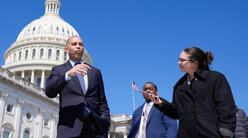 House Minority Leader Hakeem Jeffries, D-N.Y., speaks with reporters outside of the US Capitol, Wednesday, March 18, 2026, in Washington. (AP Photo/Mariam Zuhaib)