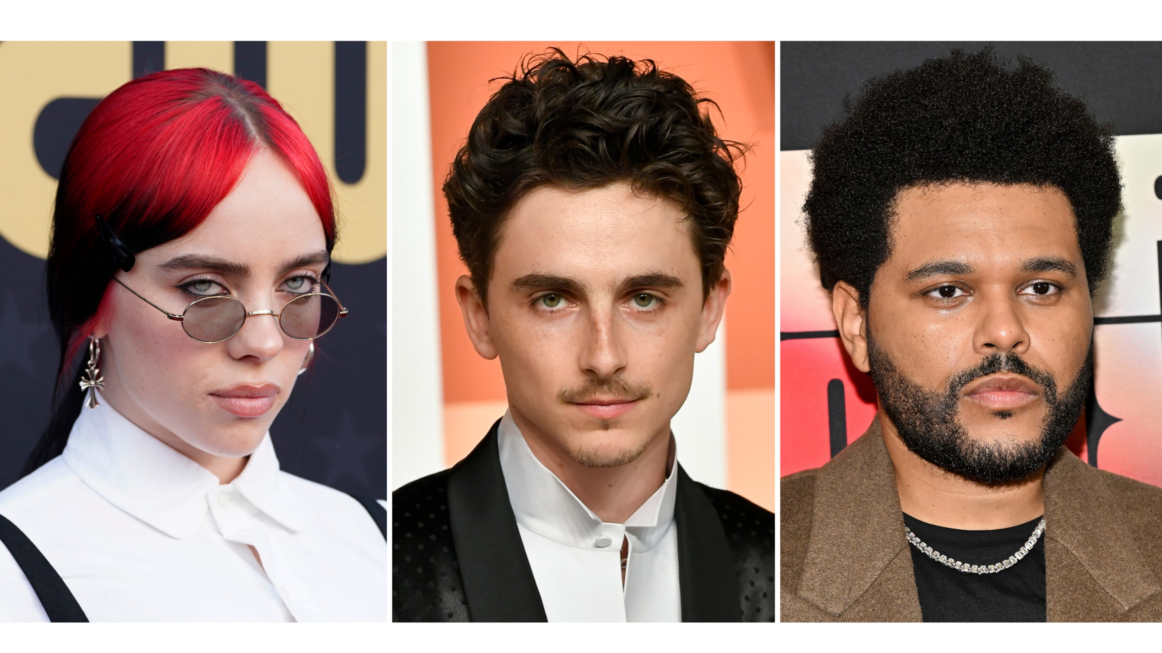 This combination of photos show Billie Eilish, from left, Timothee Chalamet, and The Weekend. (AP Photo)