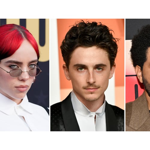 This combination of photos show Billie Eilish, from left, Timothee Chalamet, and The Weekend. (AP Photo)
