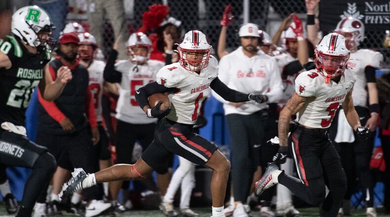 Darius Cannon had a pair of touchdowns for Gainesville in its 35-28 victory over Roswell Friday, Dec. 2, 2022 in the Class 6A semifinals. The game was played at McEachern High School in Cobb County. (Jamie Spaar/For the AJC)