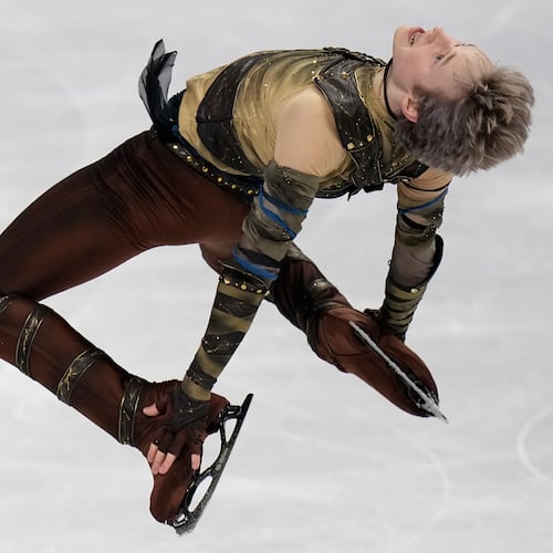 Ilia Malinin from the United States competes during the men's short program at the Figure Skating World Championships in Prague, Czech Republic, Thursday, March 26, 2026. (AP Photo/Petr David Josek)