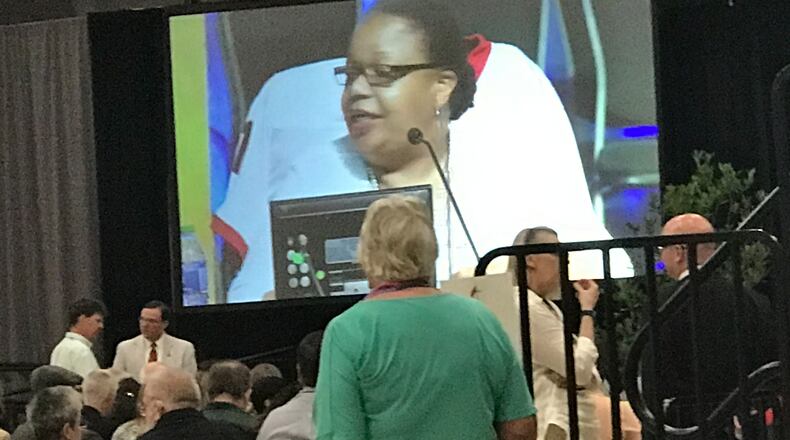 Bishop Robin Dease presides over the 2023 annual meeting of the North Georgia Conference of the United Methodist Church.