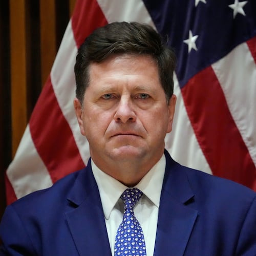FILE - Jay Clayton, U.S. Attorney for the Southern District of New York, listens during a news conference in New York, March 9, 2026. (AP Photo/Seth Wenig, File)