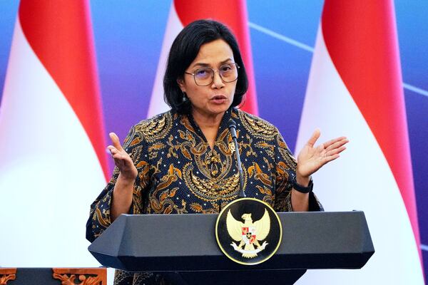 Indonesian Finance Minister Sri Mulyani Indrawati delivers a speech during an event called Economic Gathering with the President of the Republic of Indonesia, in Jakarta, Indonesia, Tuesday, April 8, 2025. (AP Photo/Dita Alangkara)