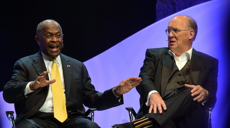 ATLANTA, GA - JANUARY 12: Herman Cain and Honoree Neal Boortz attend The Boortz Happy Ending at The Fox Theater on January 12, 2013 in Atlanta, Georgia. (Photo by Rick Diamond/Getty Images for WSB Radio) Herman Cain replaced Neal Boortz two years ago as a syndicated talk show host and on 95.5 FM and AM 750 News/Talk WSB, he has maintained Boortz's audience. CREDIT: Getty Images