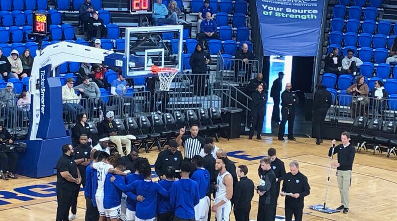 Georgia State huddles during a timeout during its 100-66 win over Coastal Carolina on Jan. 14, 2023 at the GSU Convocation Center. (Stan Awtrey, for the AJC)