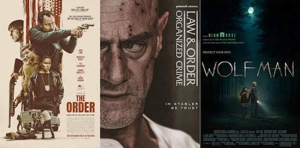 This combination of photos shows promotional art for the film "The Order," left, the crime series "Law & Order: Organized Crime," center, and the film "Wolf Man." (Vertical Entertainment/Peacock/Universal via AP)