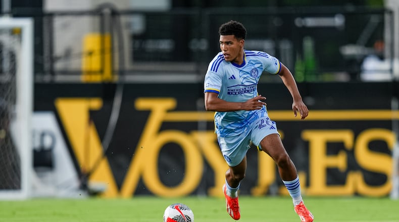 Atlanta United defender Caleb Wiley #26 dribbles the ball during the US Open Cup match against the Indy Eleven at Fifth Third Bank Stadium in Kennesaw, GA on Tuesday July 9, 2024. (Photo by Madelaina Polk/Atlanta United)