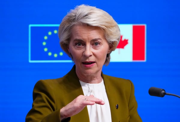 Ursula von der Leyen, President of the European Commission, takes part in a press conference during the Canada EU Summit in Brussels, Monday, June 23, 2025. (Sean Kilpatrick/The Canadian Press via AP)