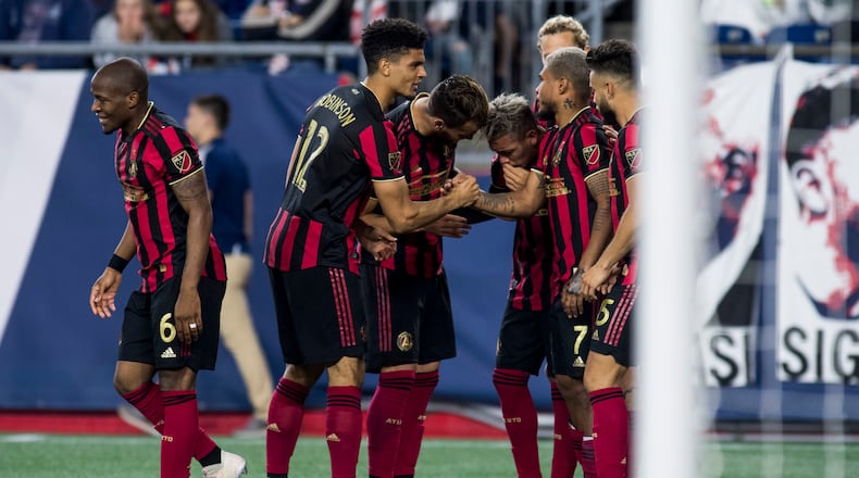 04/13/19 - FOXBOROUGH, MA. - Atlanta United FC battles New England Revolution in a MLS regular season game at Gillette Stadium in Foxborough, Massachusetts on Saturday, April 13, 2019. Photo by Matthew Modoono/ATULT