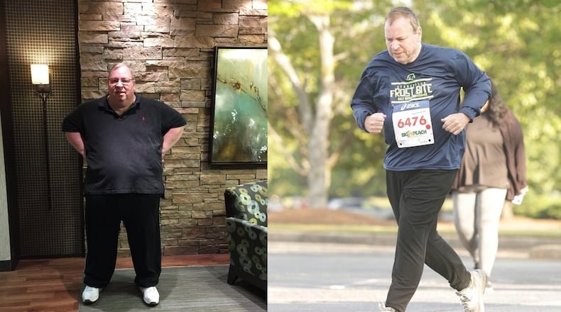 In the photo on the left, taken in April 2019, Michael Hearn weighed 440 pounds (Photo contributed by Michael Hearn). In the photo on the right, taken this past May, he weighed 235 pounds. (Photo by Tim Nettleton from TrueSpeedPhoto.com)