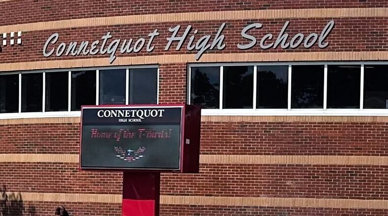 FILE - An electronic display shows the new mascot name, T-Birds, outside Connetquot High School in Bohemia, N.Y., Sept. 4, 2025. (AP Photo/Philip Marcelo, File)