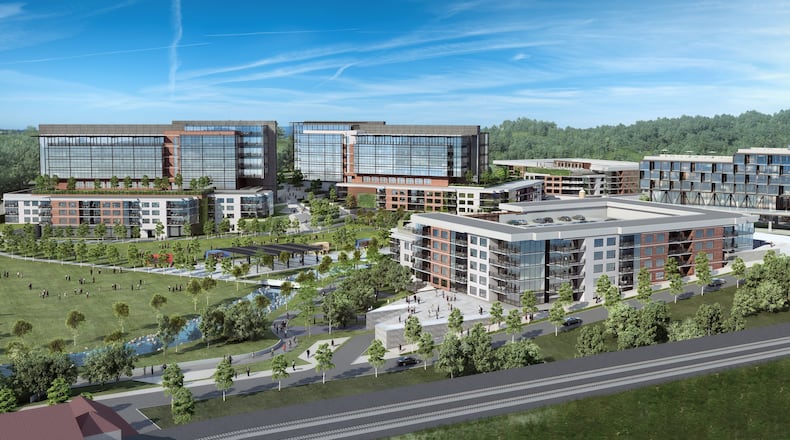A rendering shows the proposed Quarry Yards development near the future Westside Park at Bellwood Quarry in Atlanta.