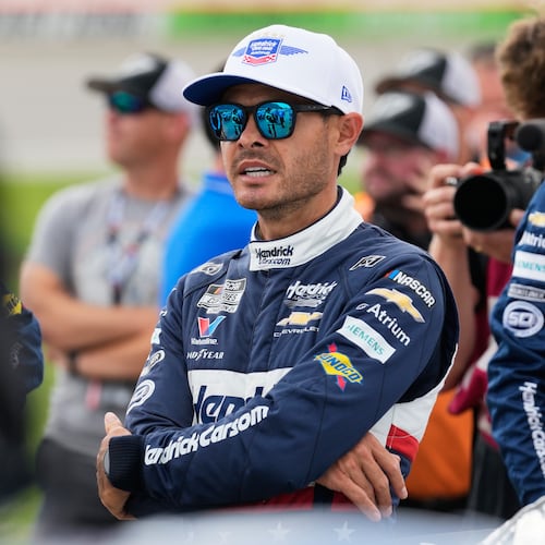 Kyle Larson looks to the track before the start of a NASCAR Cup Series auto race at Chicagoland Speedway in Joliet, Ill., Sunday, July 5, 2026. (AP Photo/Nam Y. Huh)