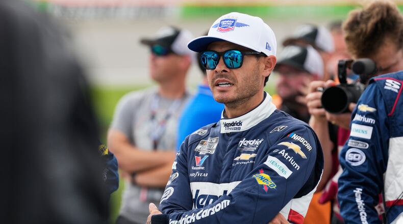 Kyle Larson looks to the track before the start of a NASCAR Cup Series auto race at Chicagoland Speedway in Joliet, Ill., Sunday, July 5, 2026. (AP Photo/Nam Y. Huh)