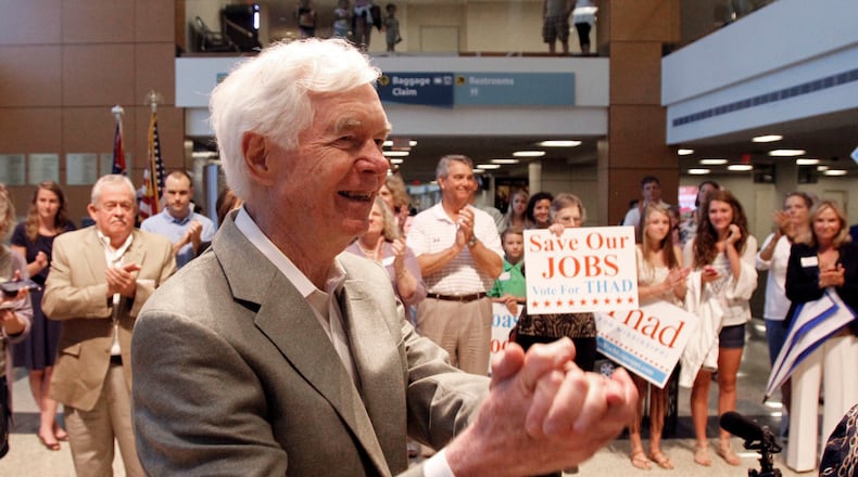 Senator Thad Cochran, R-Miss., is given a rousing welcome as he arrives at the Gulfport-Biloxi International Airport Sunday evening June 22, 201`4 in Gulfport, Miss. Cochran is in a primary runoff with challenger Chris McDaniel. (AP Photo/The Sun Herald, Tim Isbell) TV OUT; MANDATORY CREDIT: MISSISSIPPI PRESS OUT; LOCAL TELEVISION OUT WLOX, LOCAL ONLINE OUT; GULFLIVE.COM OUT U.S. Sen. Thad Cochran, R-Miss., receives a rousing welcome as he arrives at the Gulfport-Biloxi International Airport on Sunday evening . Cochran is in a GOP primary runoff with challenger Chris McDaniel. AP/The Sun Herald, Tim Isbell
