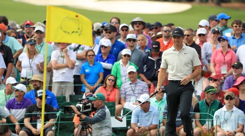 Rory McIlroy reacts to a putt on the 18th green during the second round of the Masters at Augusta National Golf Club on Friday. McIlroy is 4-under par after two rounds.