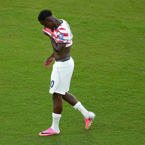 United States' Folarin Balogun (20) reacts to a red card during the World Cup round of 32 soccer match between the United States and Bosnia in Santa Clara, Calif., near San Francisco, Wednesday, July 1, 2026. (AP Photo/Jeff Chiu)