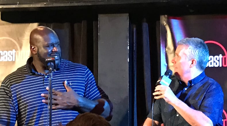 Shaquille O'Neal and John Kincade on the stage of the Punchlinne on Tuesday, April 11, 2017 for his Big Shaq podcast. CREDIT: Rodney Ho/rho@ajc.com