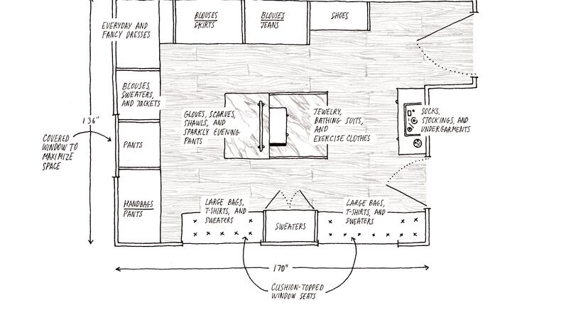 This is Martha Stewart’s walk-in closet plan. ILLUSTRATION BY PETER OUMANSKI