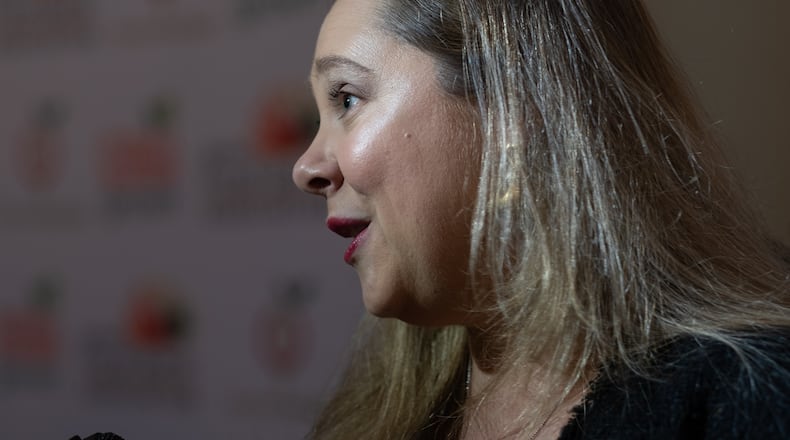 200305-Atlanta- Sarah Riggs Amico talks to the media before qualifying to run as a Democrat for U.S. Senate at the State Capitol on Thursday morning March 5, 2020. Ben@BenGray.com / Special