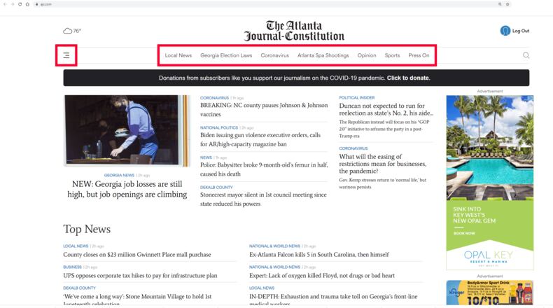 The website includes an updated site navigation, now located at the top left of the page, under the three-line icon or “hamburger” menu that is also used on our hompage for mobile devices. By tapping or touching the hamburger menu, you’ll find our sections linked in a simple, concise list to help you find those that interest you. Across the top, below the masthead on desktop devices, is a new topic navigation bar that offers helpful links, such as Sports and Opinion, and topics in the news, such as Georgia Election Laws.