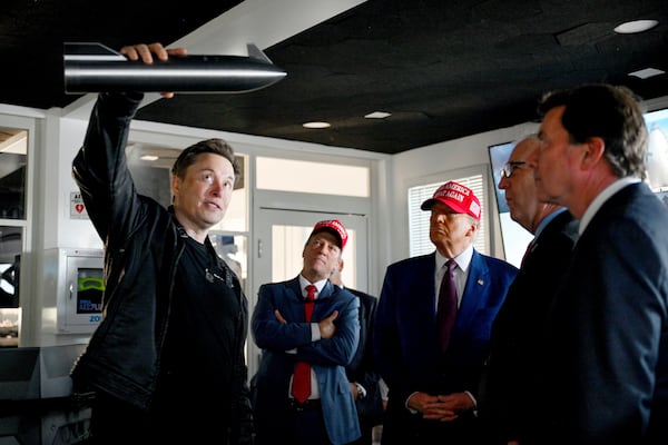 FILE - President-elect Donald Trump listens as Elon Musk explains the operations ahead of the launch of the sixth test flight of the SpaceX Starship rocket, Nov. 19, 2024, in Boca Chica, Texas. (Brandon Bell/Pool via AP, File)