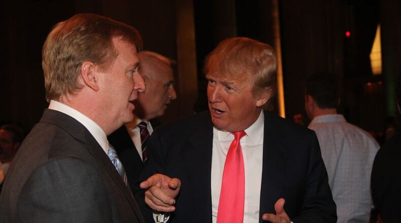 Donald Trump and Roger Goodell attend the NY Jets kickoff luncheon party at Cipriani Wall Street on August 27, 2008 in New York. (Photo by Al Pereira/Michael Ochs Archives/Getty Images)