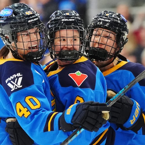 FILE - Toronto Sceptres' Blayre Turnbull (40) celebrates her goal against the Montreal Victoire with Daryl Watts, center, and Kali Flanagan (6) during the second period of an PWHL hockey game in Toronto, Tuesday, March 3, 2026. (Frank Gunn/The Canadian Press via AP,File)