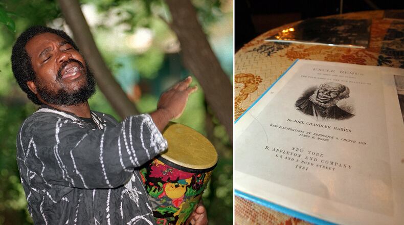 (Left) Storyteller Akbar Imhotep punctuates a tale with drumbeats in the garden of The Wren's Nest, home of late author Joel Chandler Harris. (Right) A copy of Uncle Remus sits on a drawing table in the library of the Wren's Nest.