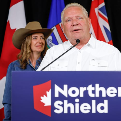 Ontario Premier Doug Ford and Alberta Premier Danielle Smith, left, announce the Northern Shield pipeline proposal in Calgary, Canada, Monday, July 6, 2026. (Jeff McIntosh/The Canadian Press via AP)