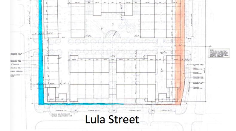 In this diagram, the blue area is deeded to Lilburn; orange area is acquired from the city for parking around the Trigg Square mixed-use development. Courtesy City of Lilburn