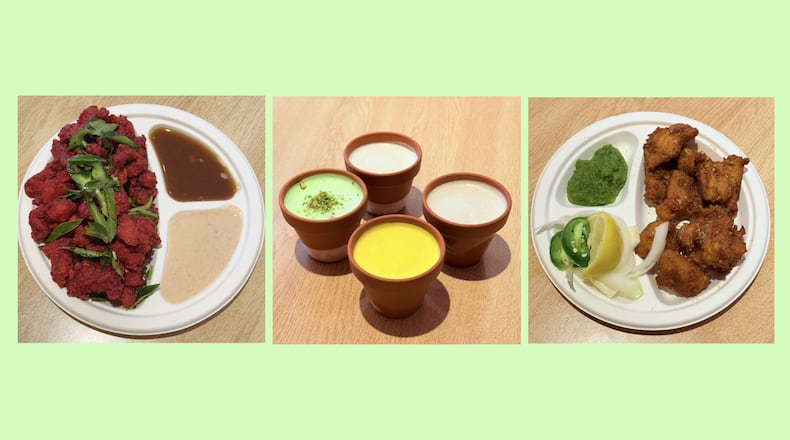 Zyka: The Taste offers fare native to Hyderabad in southern India, including (from left): Chicken 65, a traditional frozen dessert called matka kulfi and Lahori fish. (Courtesy of Zyka)