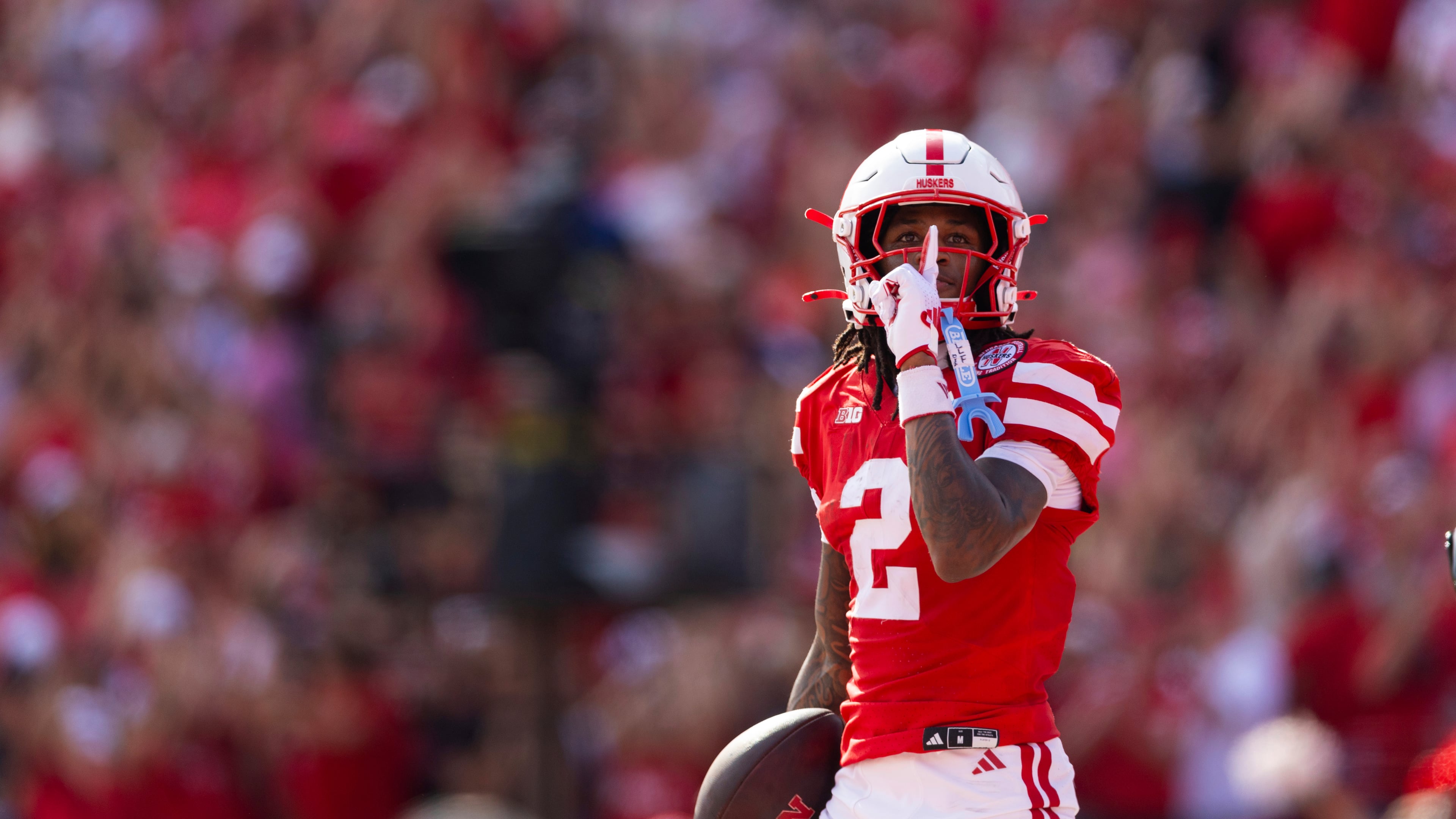 Nebraska wide receiver Jacory Barney Jr. (2) celebrates his touchdown against Michigan during the first half of an NCAA college football game Saturday, Sept. 20, 2025, in Lincoln, Neb. (AP Photo/Rebecca S. Gratz)