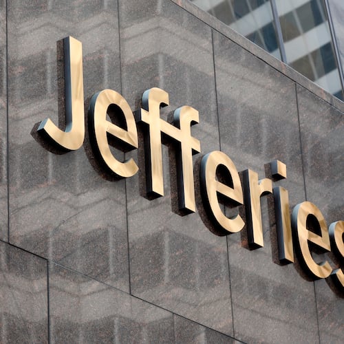 FILE - This May 23, 2019, file photo shows the logo for the Jefferies Financial Group in New York. (AP Photo/Richard Drew, File)