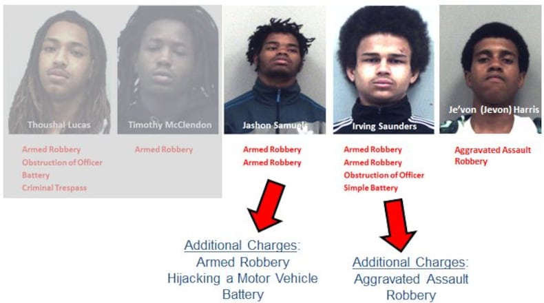 Jashon Aaron Samuels, Irving Lewis Saunders and Je’von (Jevon) Harris allegedly beat an acquaintance so bad, the victim’s face looked “somewhat deformed and extremely swollen,” Gwinnett police said. (Credit: Gwinnett County Police Department)