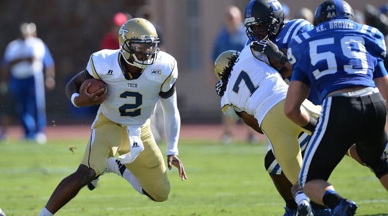 Georgia Tech quarterback Vad Lee scrambles for a first down in the first half against s Duke University at Wallace Wade Stadium in Durham, North Carolina on Saturday, September 14, 2013.