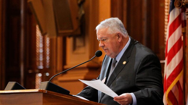 Georgia Speaker of the House David Ralston addresses the House of Representatives during the legislative session at the Georgia Capitol. A bill the state House passed last week that is now before the state Senate would raise Ralston’s retirement by nearly 400 percent. (REANN HUBER/REANN.HUBER@AJC.COM)