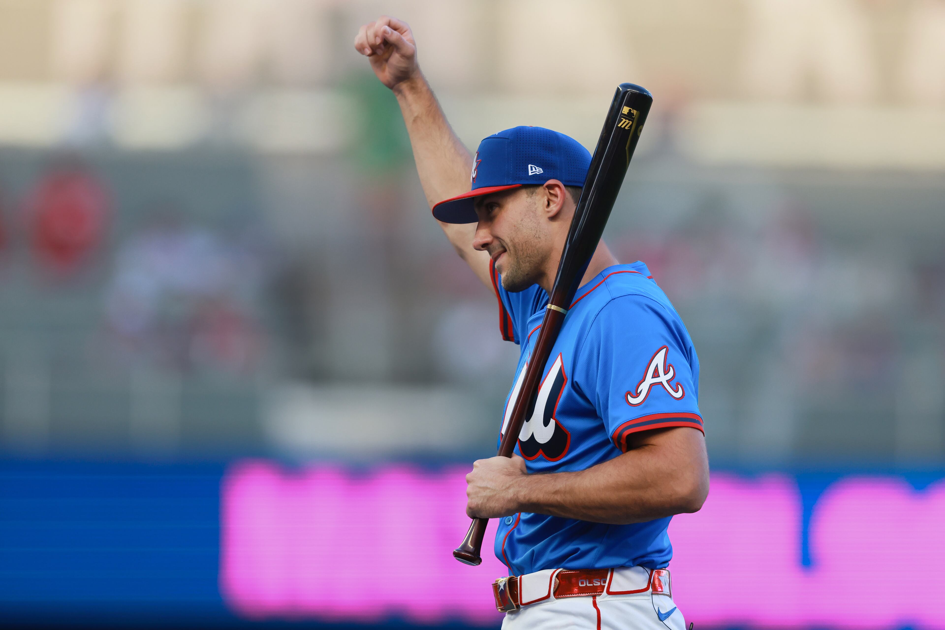 Atlanta Braves first baseman Matt Olson acknowledges fans during introductions for the MLB Home Run Derby as part of the All-Star Game festivities on Monday, July 14, 2025, at Truist Park in Atlanta. Jason Getz / AJC