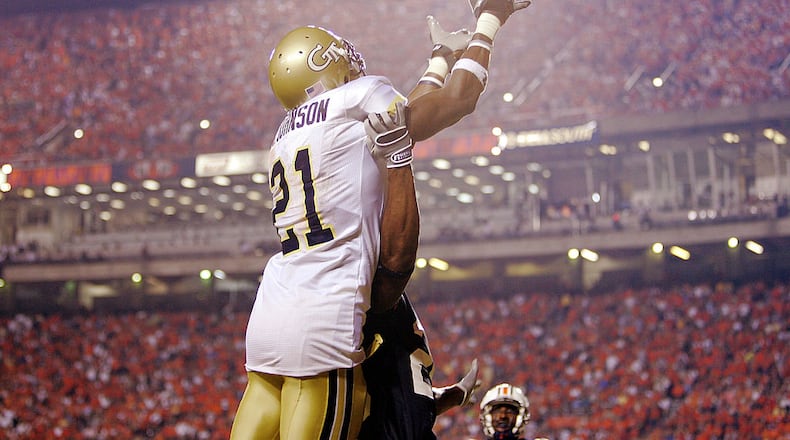 AUBURN, AL - SEPTEMBER 3: Wide receiver Calvin Johnson #21 of the Georgia Tech Yellow Jackets fails to catch a pass in the end zone against defensive back Patrick Lee #20 of the Auburn Tigers in the fourth quarter on September 3, 2005 at Jordan-Hare Stadium in Auburn, Alabama. Georgia Tech defeated Auburn 23-14. (Photo by Brian Bahr/Getty Images)